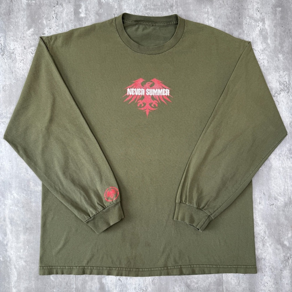 Vintage Never Summer Snowboards T-Shirt Mens XL Green Long Sleeve Grunge Y2k